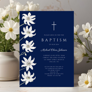 Elegant Navy Floral Boy Baptism Invitation