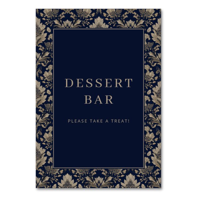 Elegant Navy Floral Dessert Bar Sign Table Number (Front)