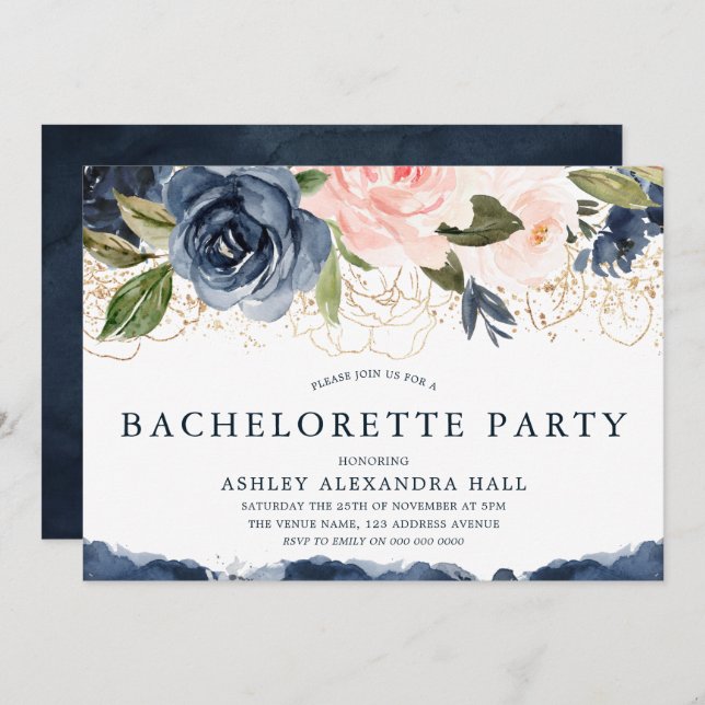 Elegant Navy Floral Gold Blush Bachelorette Party Invitation (Front/Back)
