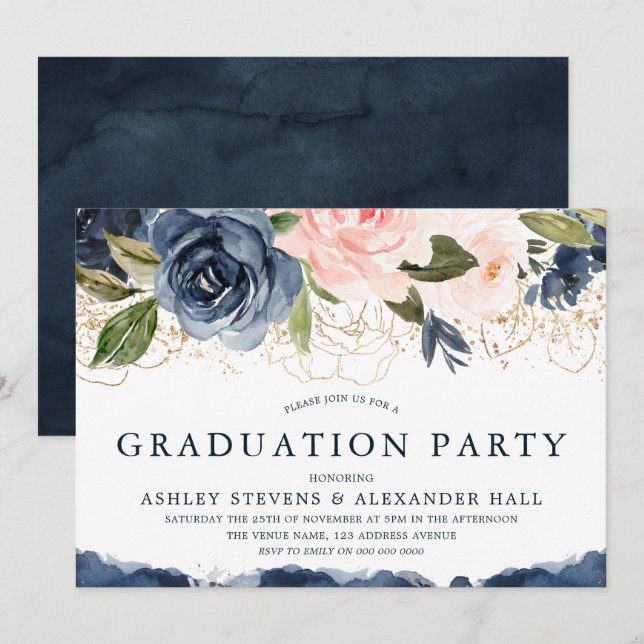 Elegant Navy Floral Gold Blush Graduation Party Invitation (Front/Back)