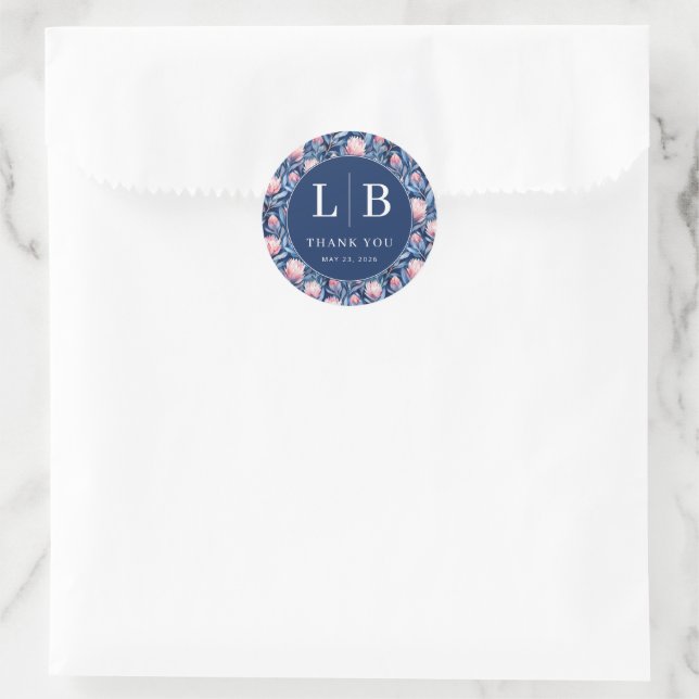 Elegant Navy Floral Gratitude Classic Round Sticker (Bag)