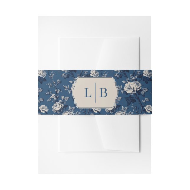 Elegant Navy Floral Initials Invitation Belly Band (Front Example)
