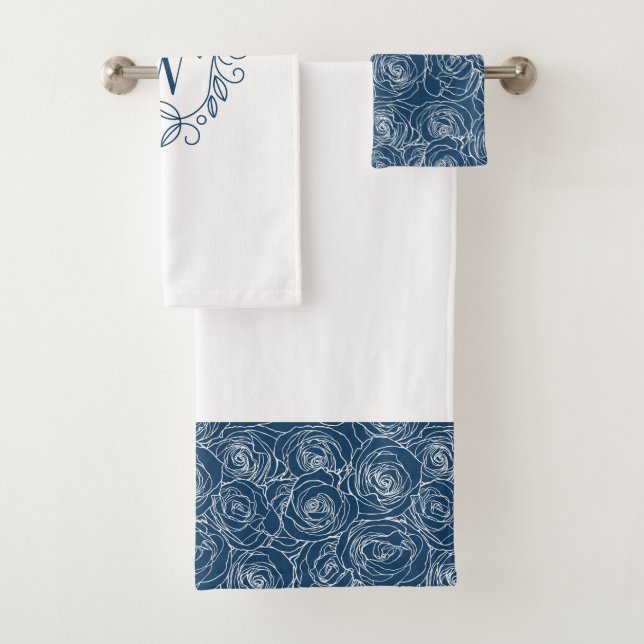 Elegant Navy Floral Monogram Bath Towel Set (Insitu)