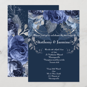 ELEGANT NAVY FLORAL ROSE WEDDING INVITATION