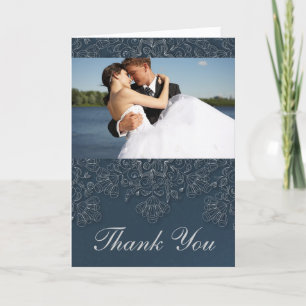 Elegant navy floral swirls wedding photo thank you card