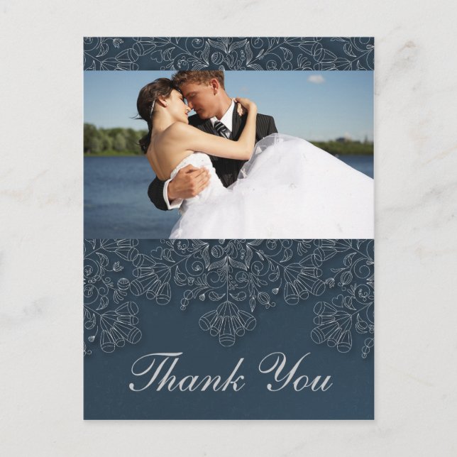Elegant navy floral swirls wedding photo thank you postcard (Front)