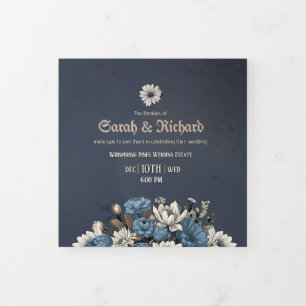 Elegant Navy Floral Tri Fold Invite