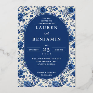 Elegant Navy Floral Wedding Invitation