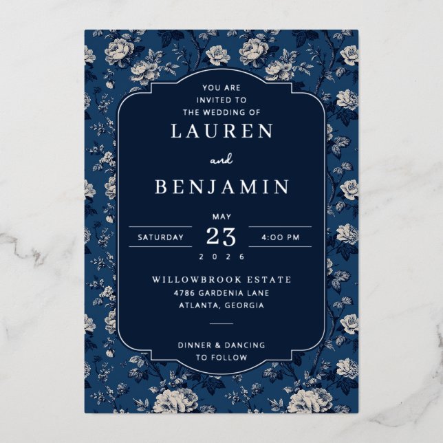 Elegant Navy Floral Wedding Invitation (Front)