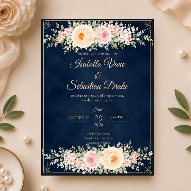 Elegant Navy Floral Wedding Invitation (Creator Uploaded)