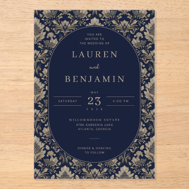 Elegant Navy Floral Wedding Invitation (Front)