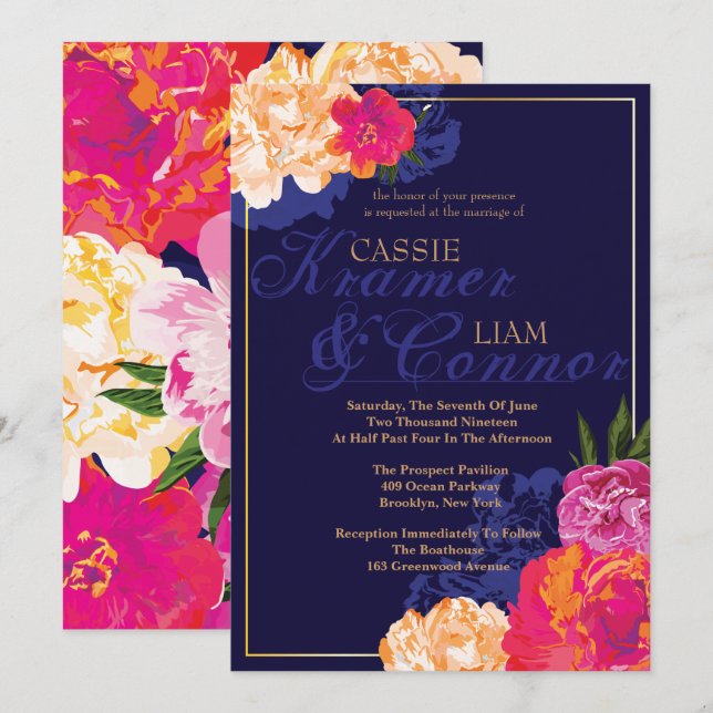 Elegant Navy Floral Wedding Invitations (Front/Back)