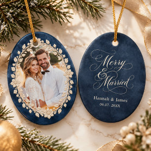 Elegant Navy Floral Wedding Photo Merry & Married Ceramic Tree Decoration