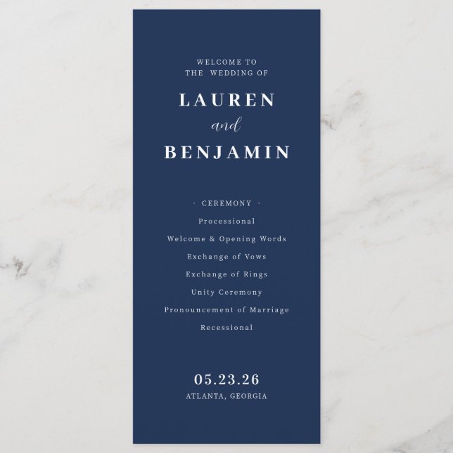 Elegant Navy Formal Wedding Ceremony Programme (Front)