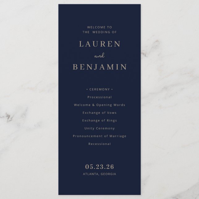 Elegant Navy Formal Wedding Ceremony Programme (Front)