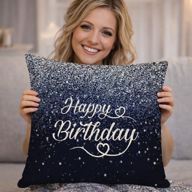 Elegant Navy Glitter Happy Birthday Throw Pillow (Creator Uploaded)