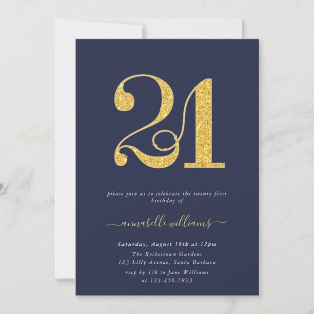 Elegant Navy & Gold 21st Birthday Party Invitation (Front)