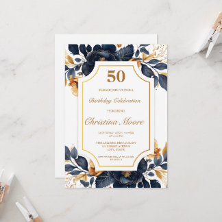 Elegant Navy & Gold 50th Birthday Invitation