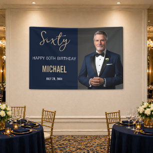 Elegant Navy Gold 60th Birthday Banner