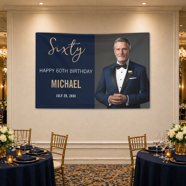 Elegant Navy Gold 60th Birthday Banner (Elegant navy and gold 60th birthday banner with photo for a classy and memorable celebration.)