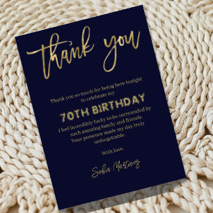 Elegant Navy Gold 70th Birthday Thank You Card