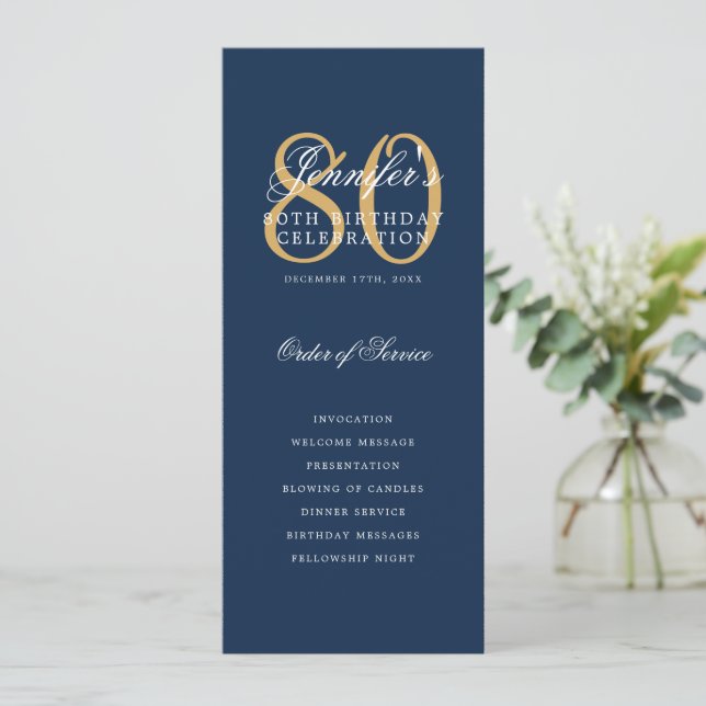 Elegant Navy Gold 80th Birthday Program + Menu Invitation (Standing Front)