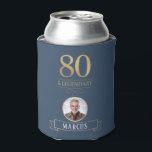 Elegant Navy & Gold 80th & Legendary Birthday Can Cooler<br><div class="desc">Elegant Navy & Gold 80th & Legendary Birthday Can Cooler. Celebrate a truly legendary milestone with these elegant 80th birthday can coolers. Featuring a sophisticated navy background, bold gold-effect text, and a customisable photo and name, this design is perfect for honouring a loved one on their special day. The timeless...</div>