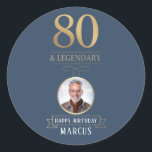 Elegant Navy & Gold 80th & Legendary Birthday Classic Round Sticker<br><div class="desc">Elegant Navy & Gold 80th & Legendary Birthday Sticker. Celebrate a truly legendary milestone with these elegant 80th birthday stickers. Featuring a sophisticated navy background, bold gold-effect text, and a customisable photo and name, this design is perfect for honouring a loved one on their special day. The timeless layout and...</div>