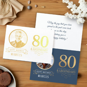 Elegant Navy & Gold 80th & Legendary Birthday Foil Card