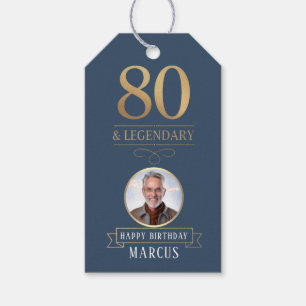 Elegant Navy & Gold 80th & Legendary Birthday Gift Tags