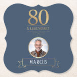 Elegant Navy & Gold 80th & Legendary Birthday Paper Coaster<br><div class="desc">Elegant Navy & Gold 80th & Legendary Birthday Paper Coaster. Celebrate a truly legendary milestone with these elegant 80th birthday coaster. Featuring a sophisticated navy background, bold gold-effect text, and a customisable photo and name, this design is perfect for honouring a loved one on their special day. The timeless layout...</div>