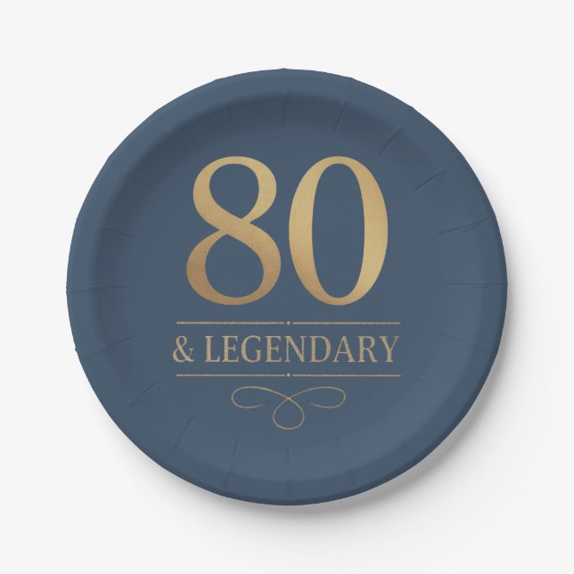 Elegant Navy & Gold 80th & Legendary Birthday Paper Plate (Front)