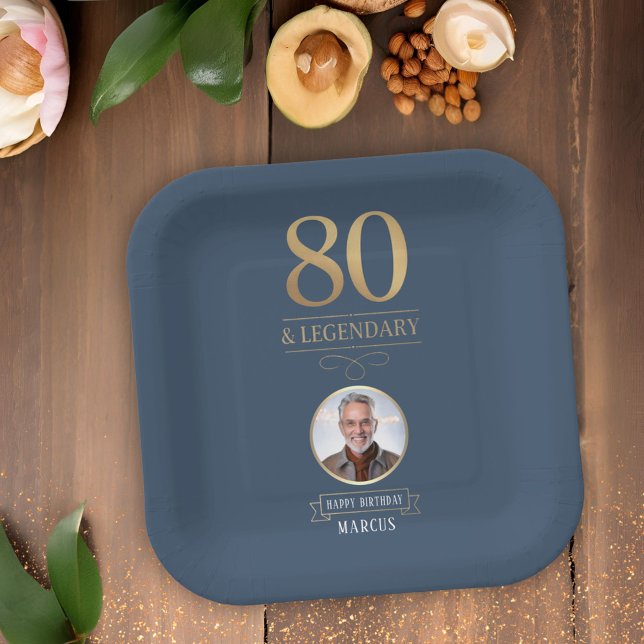 Elegant Navy & Gold 80th & Legendary Birthday Paper Plate (Creator Uploaded)
