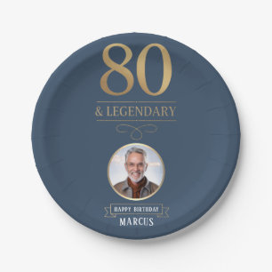 Elegant Navy & Gold 80th & Legendary Birthday Paper Plate