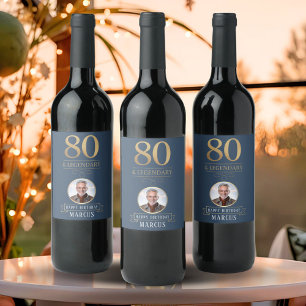 Elegant Navy & Gold 80th & Legendary Birthday Wine Label