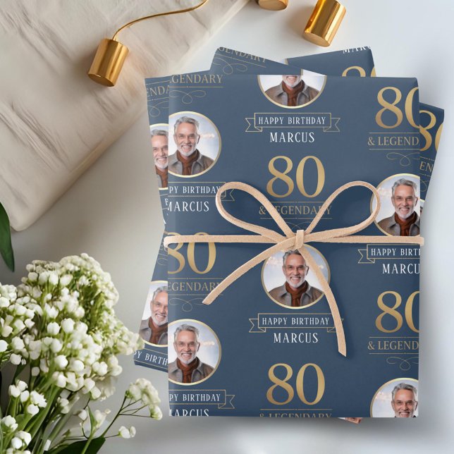 Elegant Navy & Gold 80th & Legendary Birthday Wrapping Paper Sheet (Creator Uploaded)