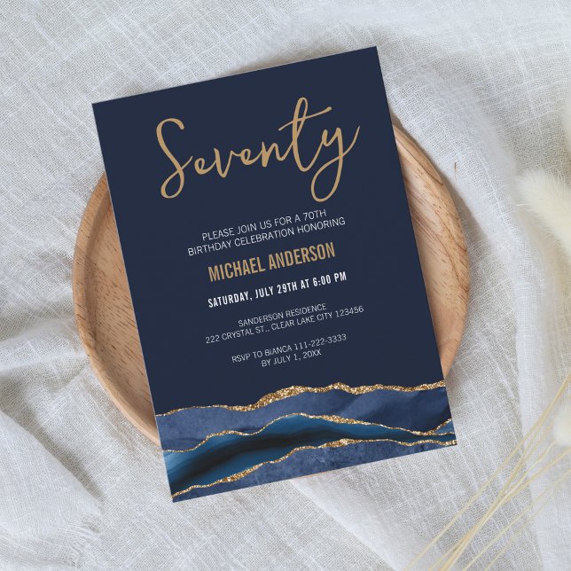 Elegant Navy Gold Agate 70th Birthday Invitation (Modern navy blue gold 70th birthday invitation with geode agate design for men)
