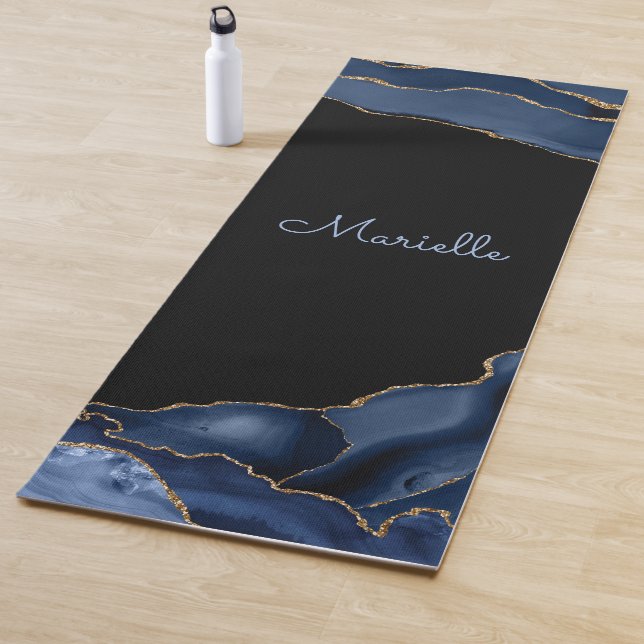 Elegant Navy Gold Black Agate Geode Personalised Yoga Mat (In Situ)