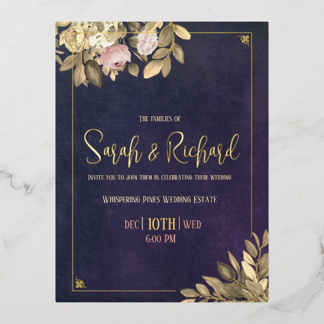 Elegant Navy Gold Blush Accents Wedding Foil Invitation Postcard (Front)
