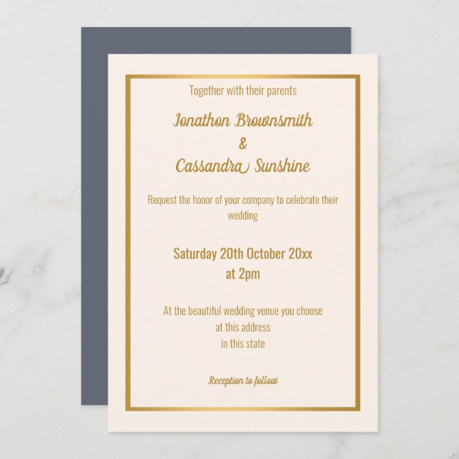 ELEGANT NAVY GOLD BLUSH NAVY REVERSE WEDDING INVITATION (Front/Back)