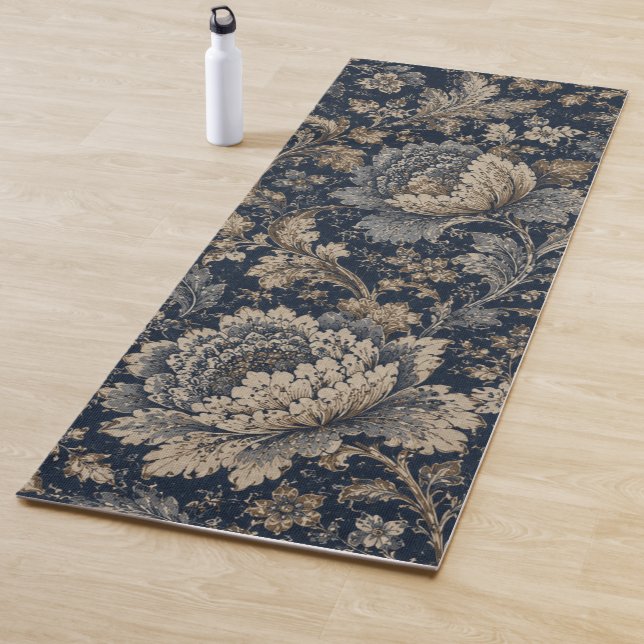 Elegant Navy Gold Botanical Textile Pattern Yoga Mat (In Situ)