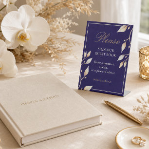 Elegant Navy Gold Botanical Wedding Guest Book Pedestal Sign