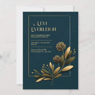 Elegant Navy Gold Botanical Wedding Invitation