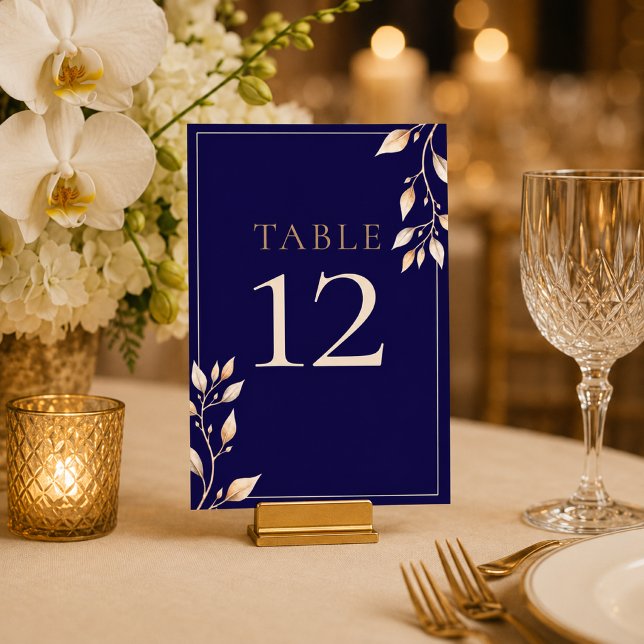 Elegant Navy Gold Botanical Wedding Reception Table Number (Creator Uploaded)