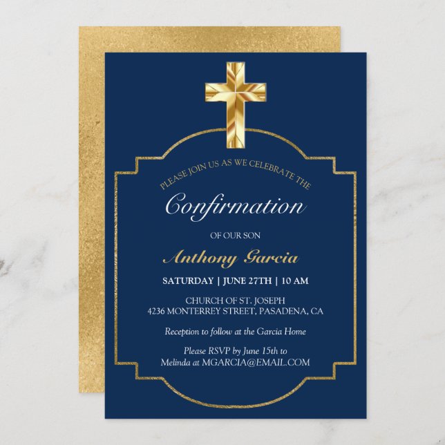 Elegant Navy Gold Boys Confirmation Invitation (Front/Back)