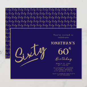 Elegant Navy Gold Brush Script 60th Birthday Invitation