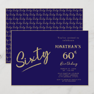 Elegant Navy Gold Brush Script 60th Birthday Invitation