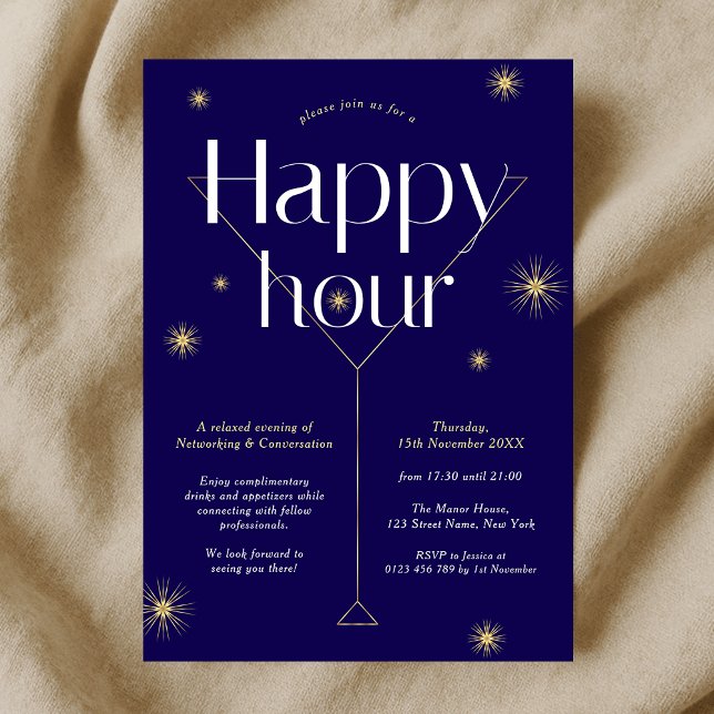 Elegant Navy & Gold Business Networking Happy Hour Invitation (Modern navy blue and gold company cocktail party happy hour event invitation)