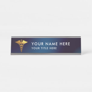 Elegant Navy Gold Caduceus Medical Doctor Desk Name Plate