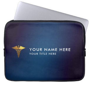Elegant Navy Gold Caduceus Medical Doctor Laptop Sleeve